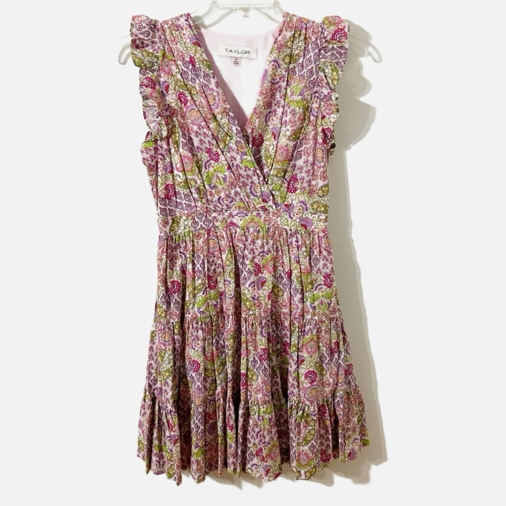 Taylor Paisley, Floral Cotton Dress Lined Deep V Tiered Ruffled Flutter Sleeves